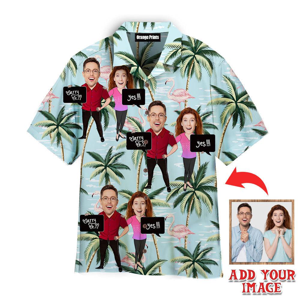 Funny Custom Face Couple With Marry Me Flamingo Palm Tree Custom Hawaiian Shirt | For Men & Women | HWP1156