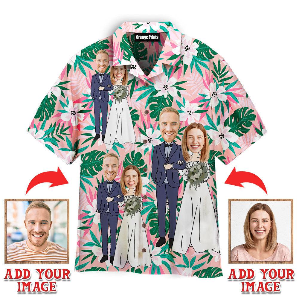 Funny Custom Face Happy Wedding Couple Flower On Pink Tropical Custom Hawaiian Shirt | For Men & Women | HWP1155