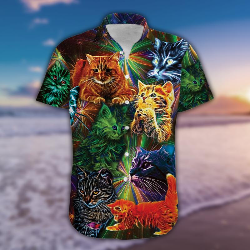 Neon Light Colorful Cat Hawaiian Shirt | For Men & Women | HL2604