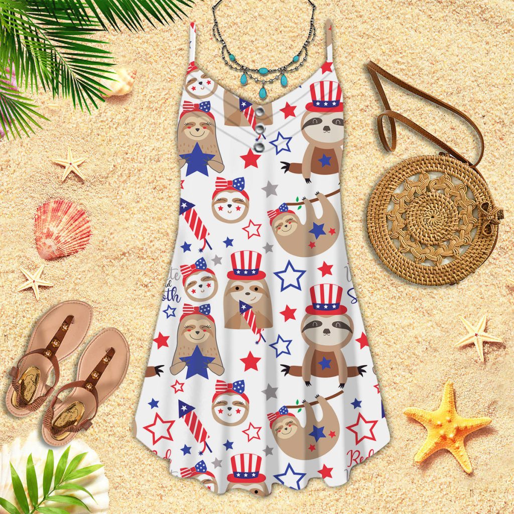 Patriotic Sloth Bears For 4th Of July Spaghetti Strap Summer Dress | SD1396