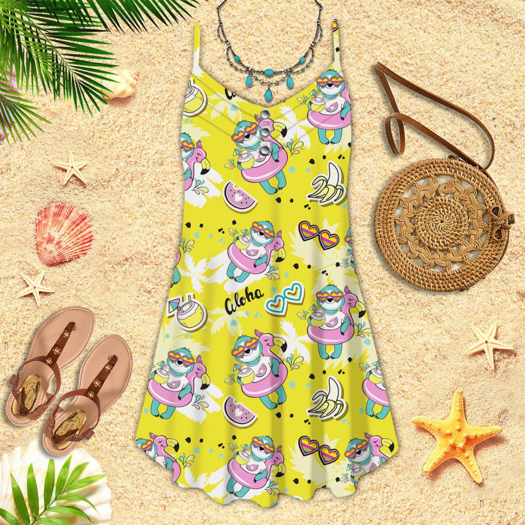 Sloth With Flamingo Circle On A Yellow Beach Spaghetti Strap Summer Dress | SD1393